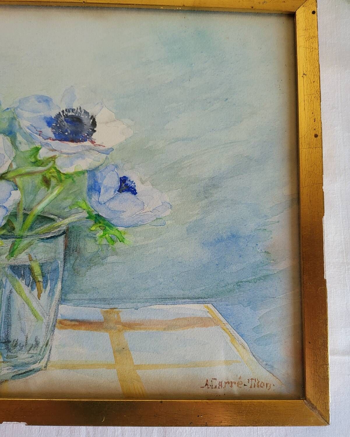 20th-century watercolor painting signed Carré-Tison, Bouquet of blue flowers