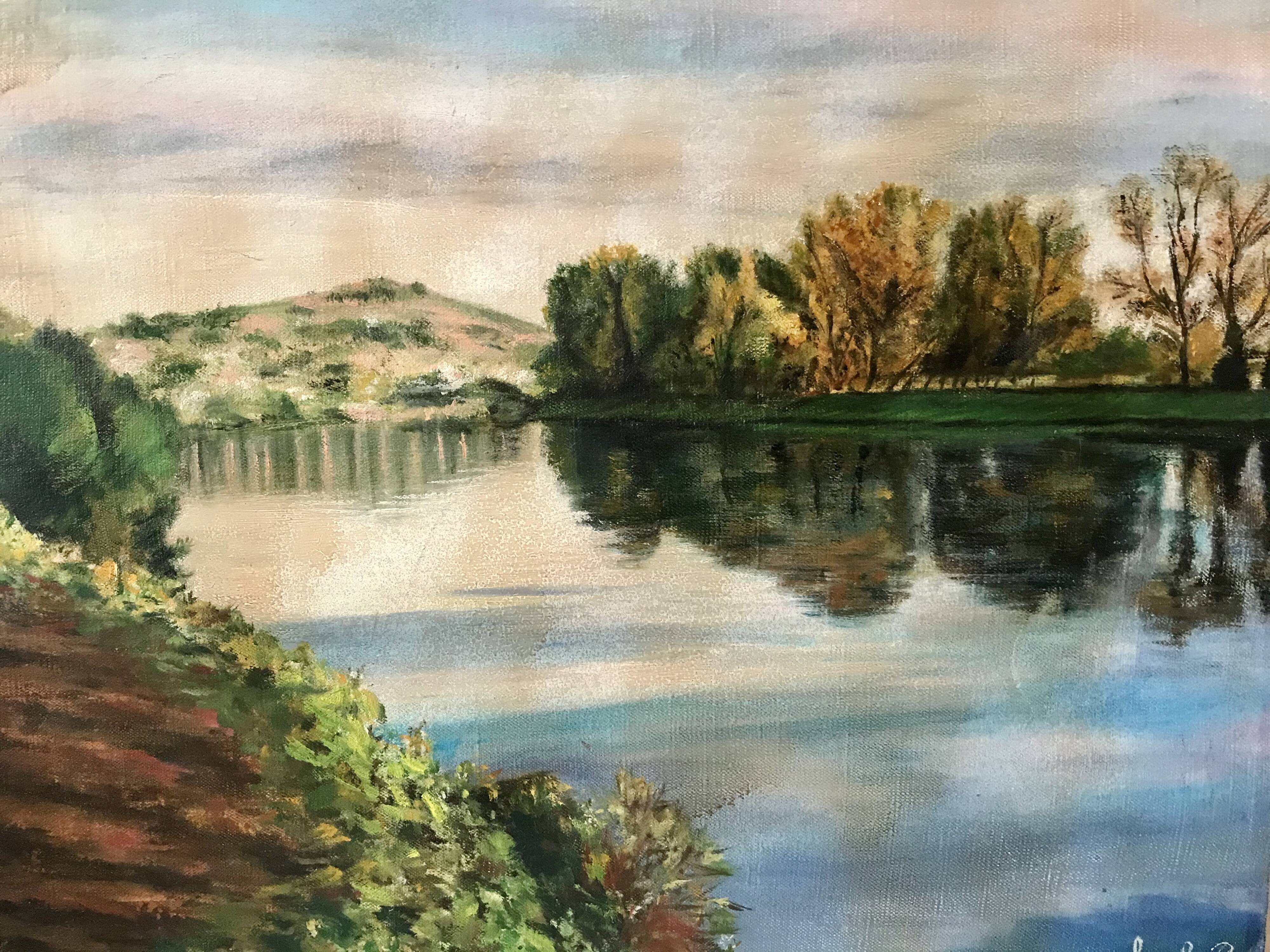 Oil painting on canvas winter landscape and lake signed vintage