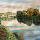 Oil painting on canvas winter landscape and lake signed vintage