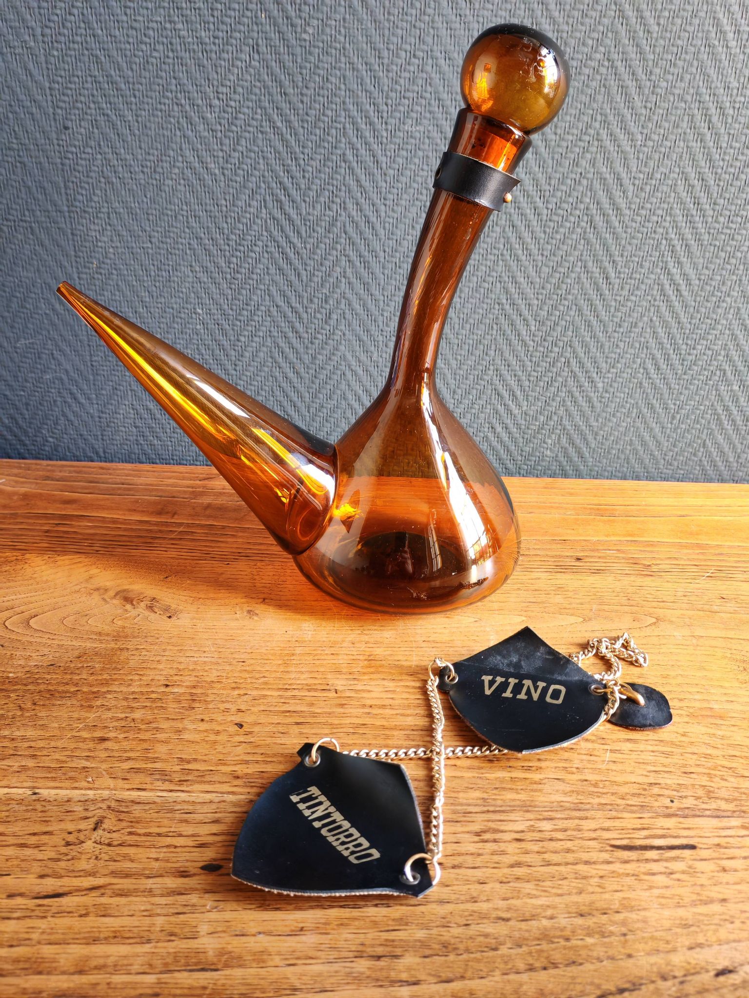 Vintage Amber Glass Wine Carafe - Artisan Decanter in Porron Style