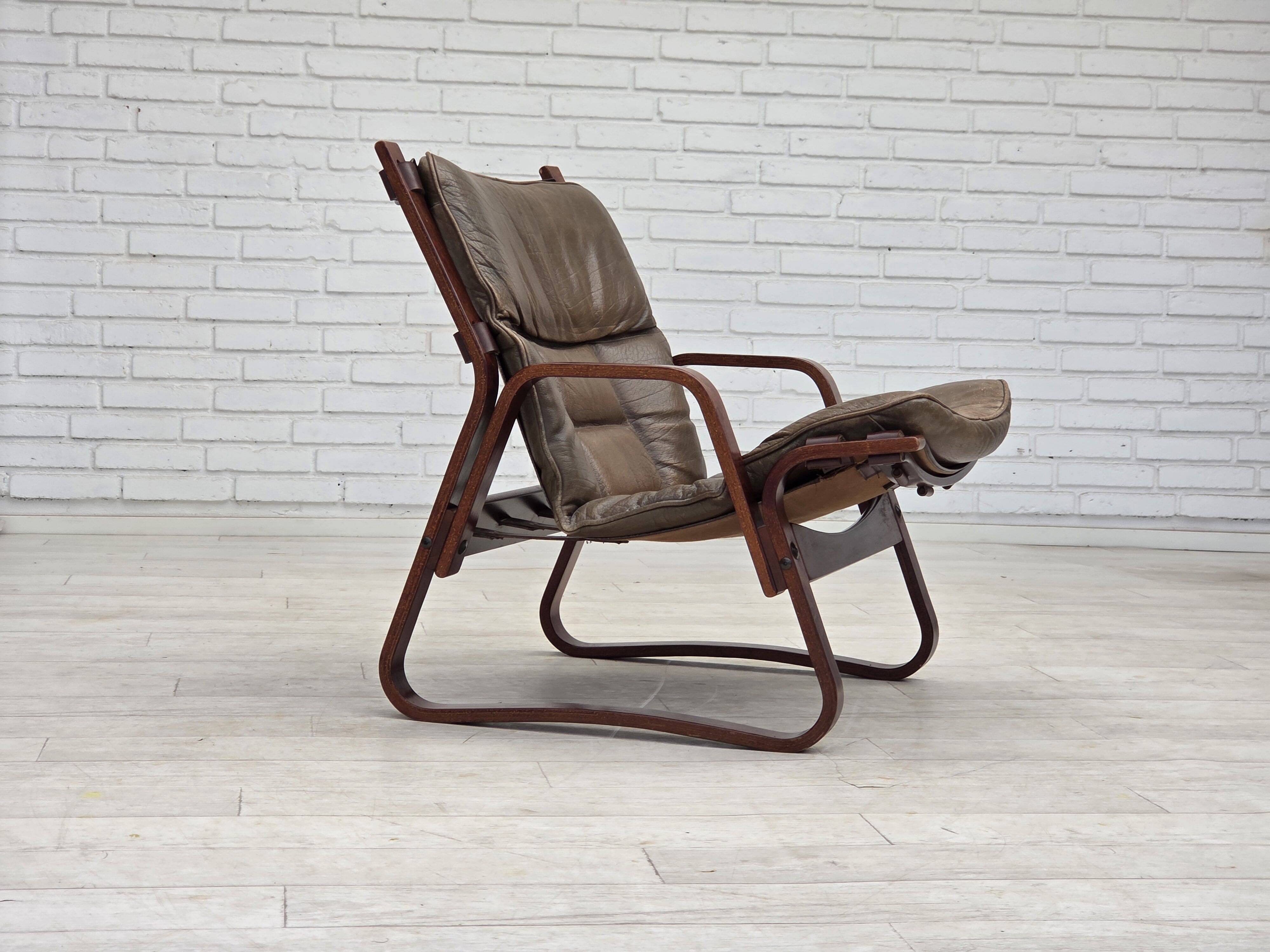 1970s, Norwegian lounge chair, brown furniture leather.