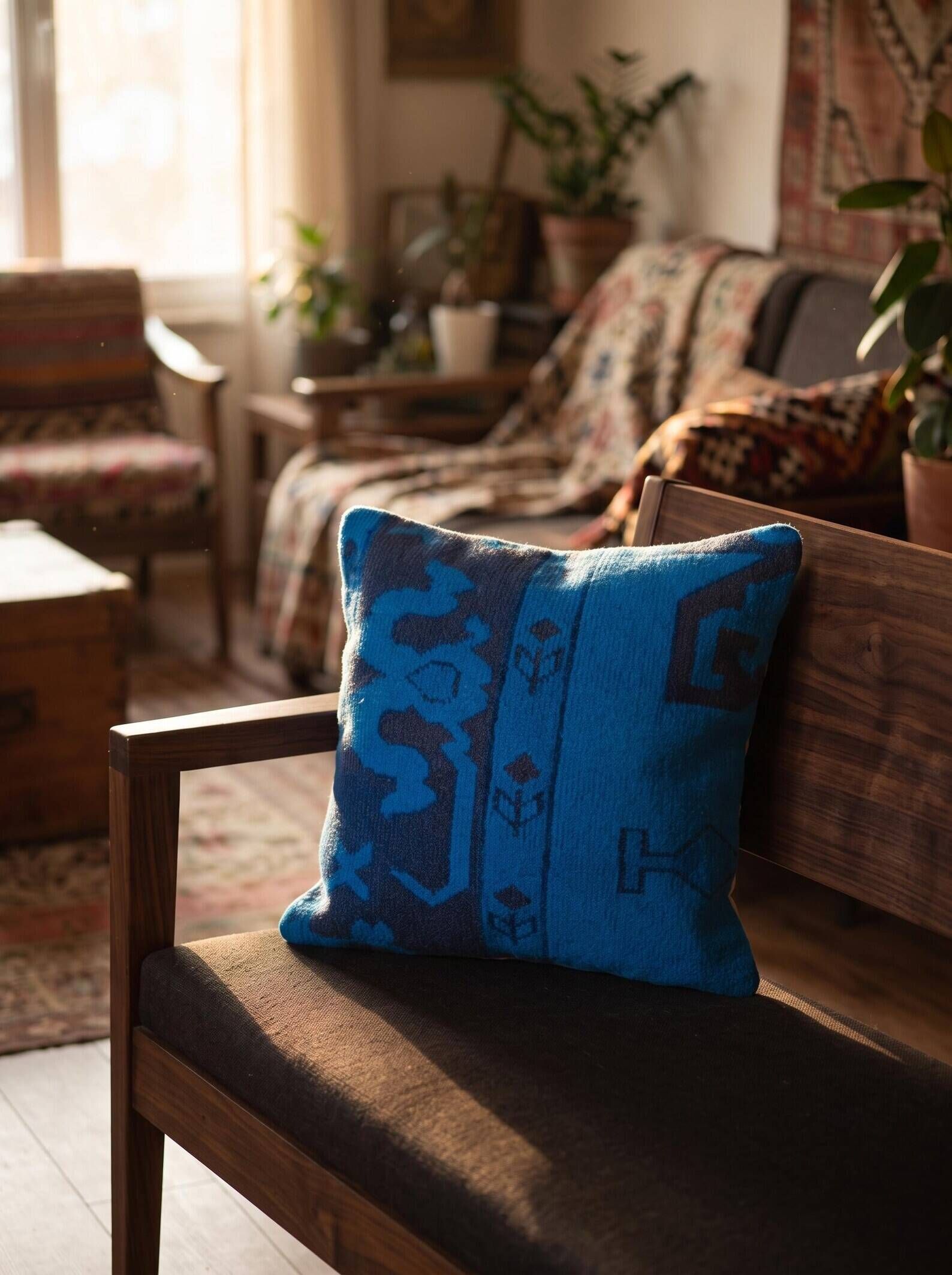 Electric Blue Vintage Turkish Rug Pillow, Hand-Stitched Wool Cushion