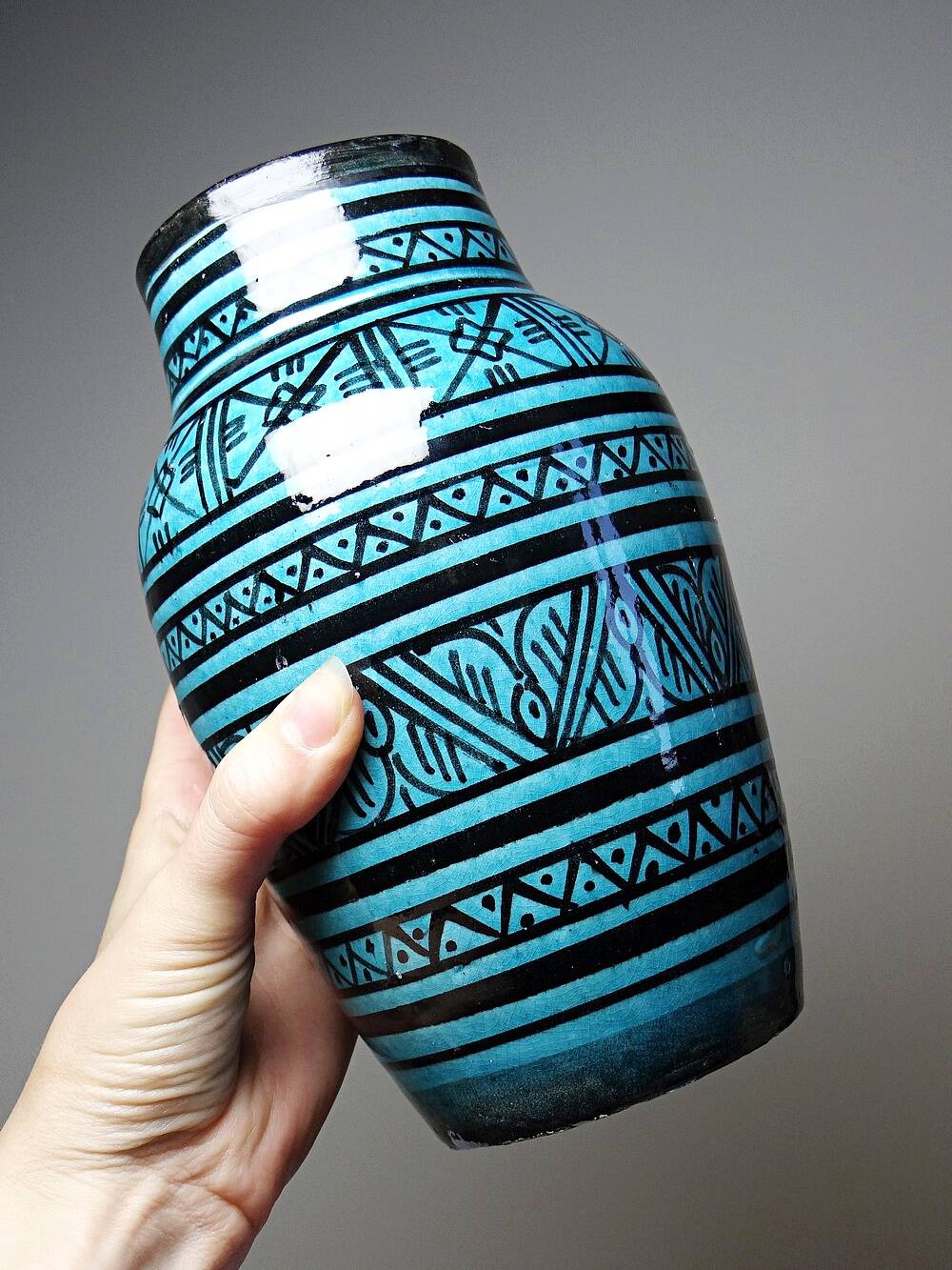 Small Safi vase, Moroccan vintage turquoise handcrafted pottery