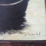 Oil on wood framed and signed Henri Merlet, fishing boat at sunset