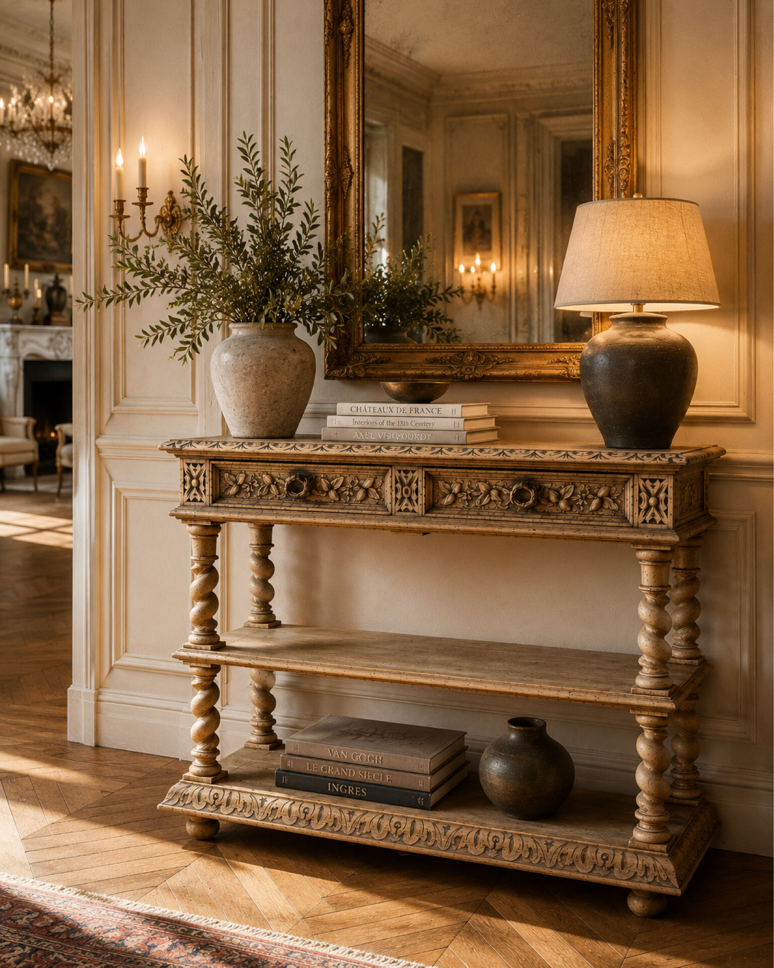 Console chêne brut massif décor végétal sculpté fin XIXe