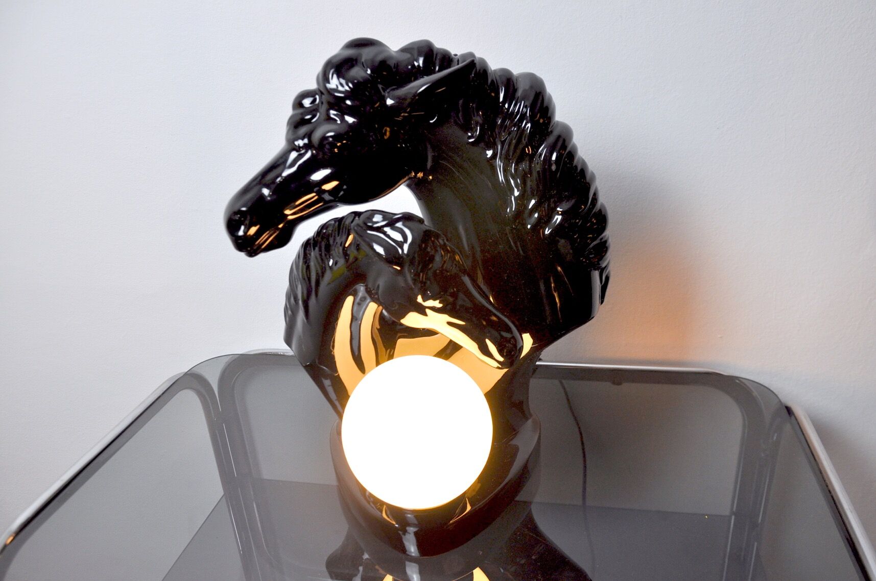 Black ceramic regency "Chevaux" lamp, France, 1980
