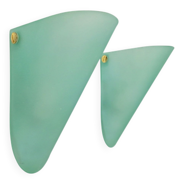 Vintage Triangular Conical Wall Sconces in Green Frosted Glass from Lumal-It, 1990s, Set of 2