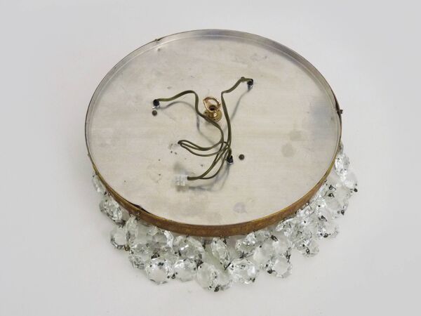 Ancien plafonnier couronne à 3 feux, demi corbeille pampilles en verre. 60