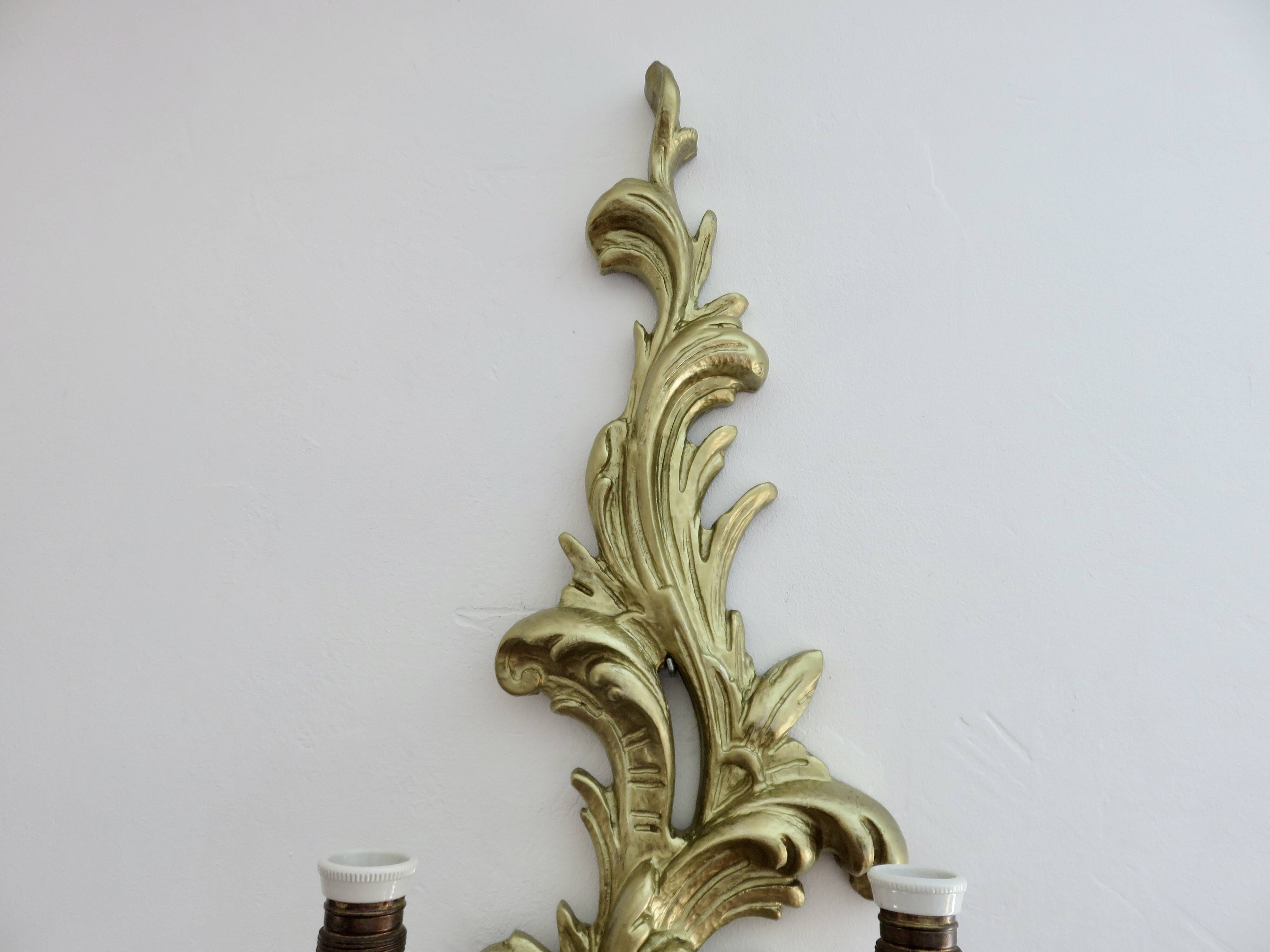 Pair of 86cm castle sconces in gilded wood from the 1940s