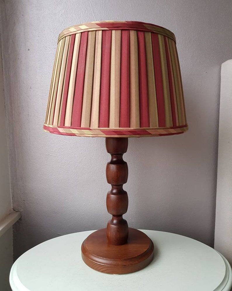 Vintage wooden table lamp with pleated fabric lampshade 1970