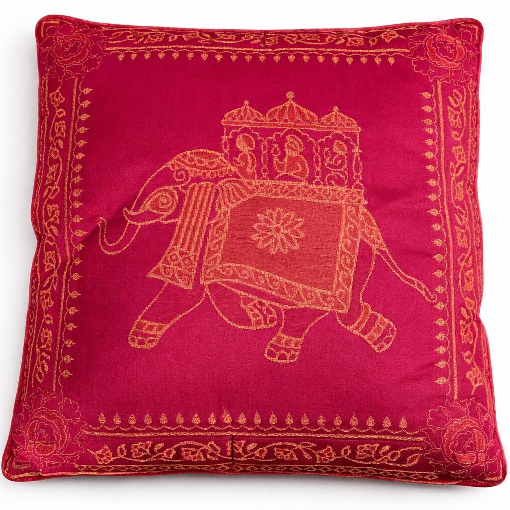 Set of 4 embroidered cushions with golden pink fuchsia elephant – 42x42 cm – front and back
