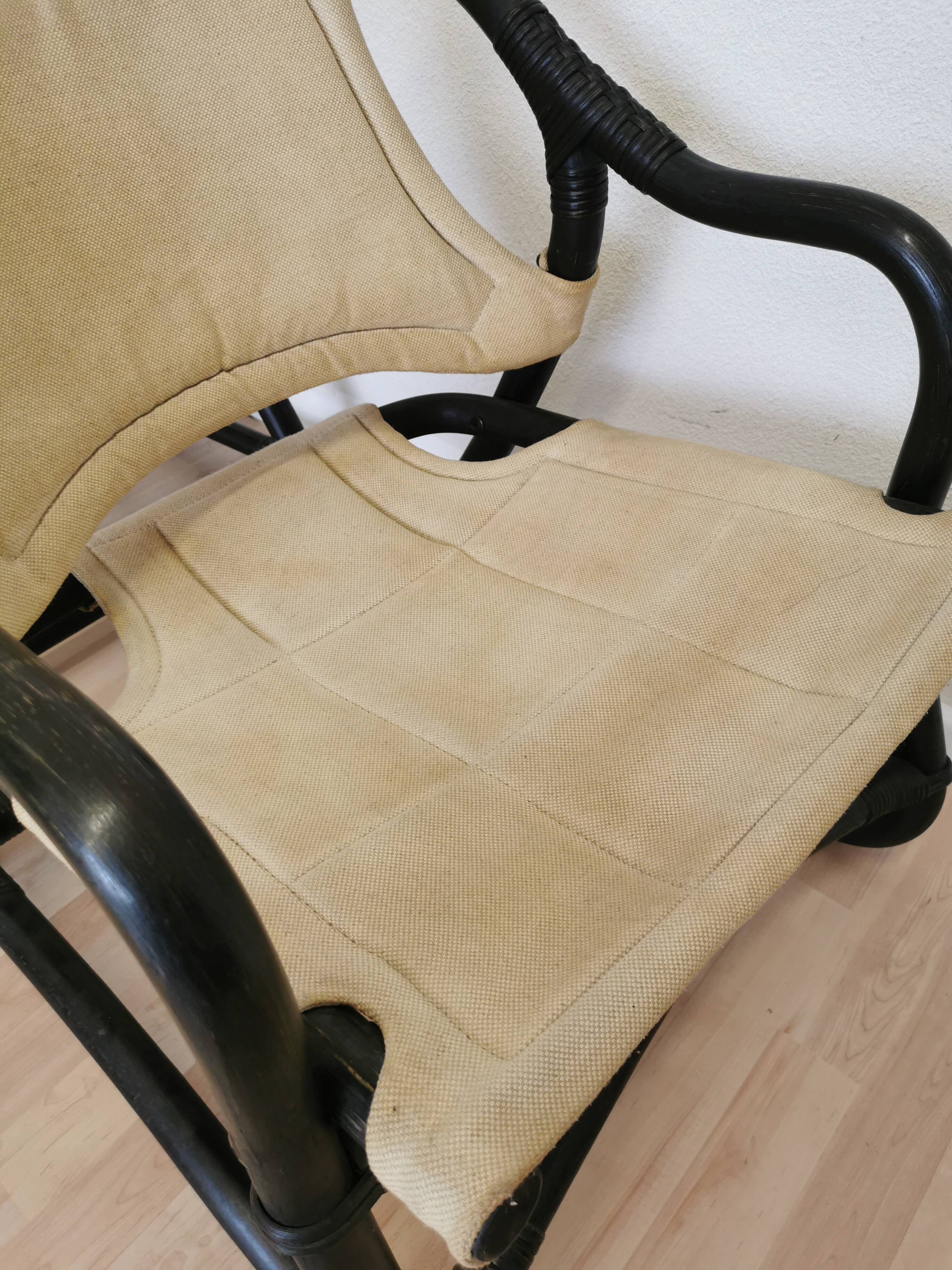 2 Vintage Espri Safari Lounge Armchairs / Rare Mid-century Black Bamboo and Beige Fabric Easy C