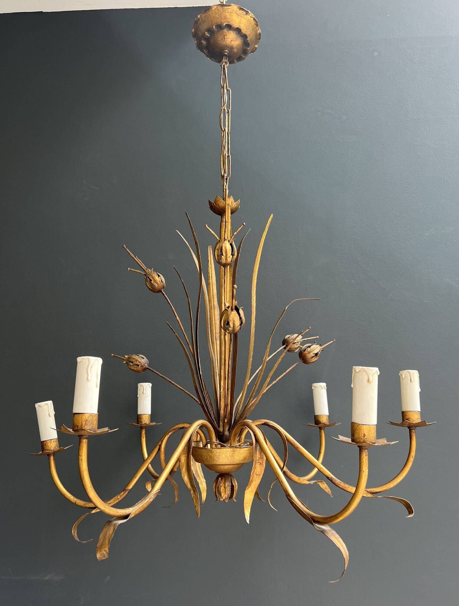Golden Metal Chandelier with Reed Bouquet Decoration. Coco Chanel Style. Work