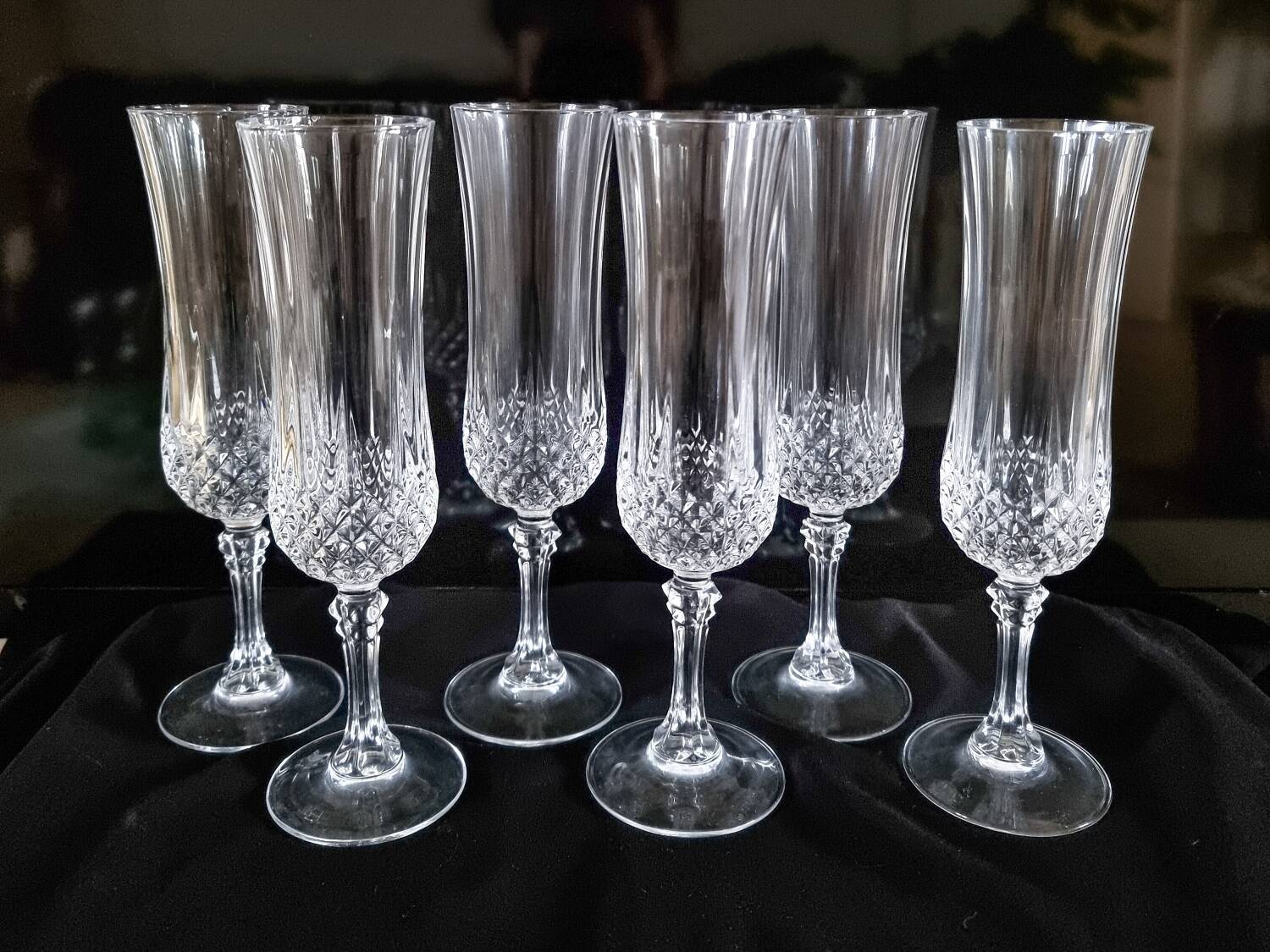 6 Champagne flutes, Arques crystal, Longchamp model