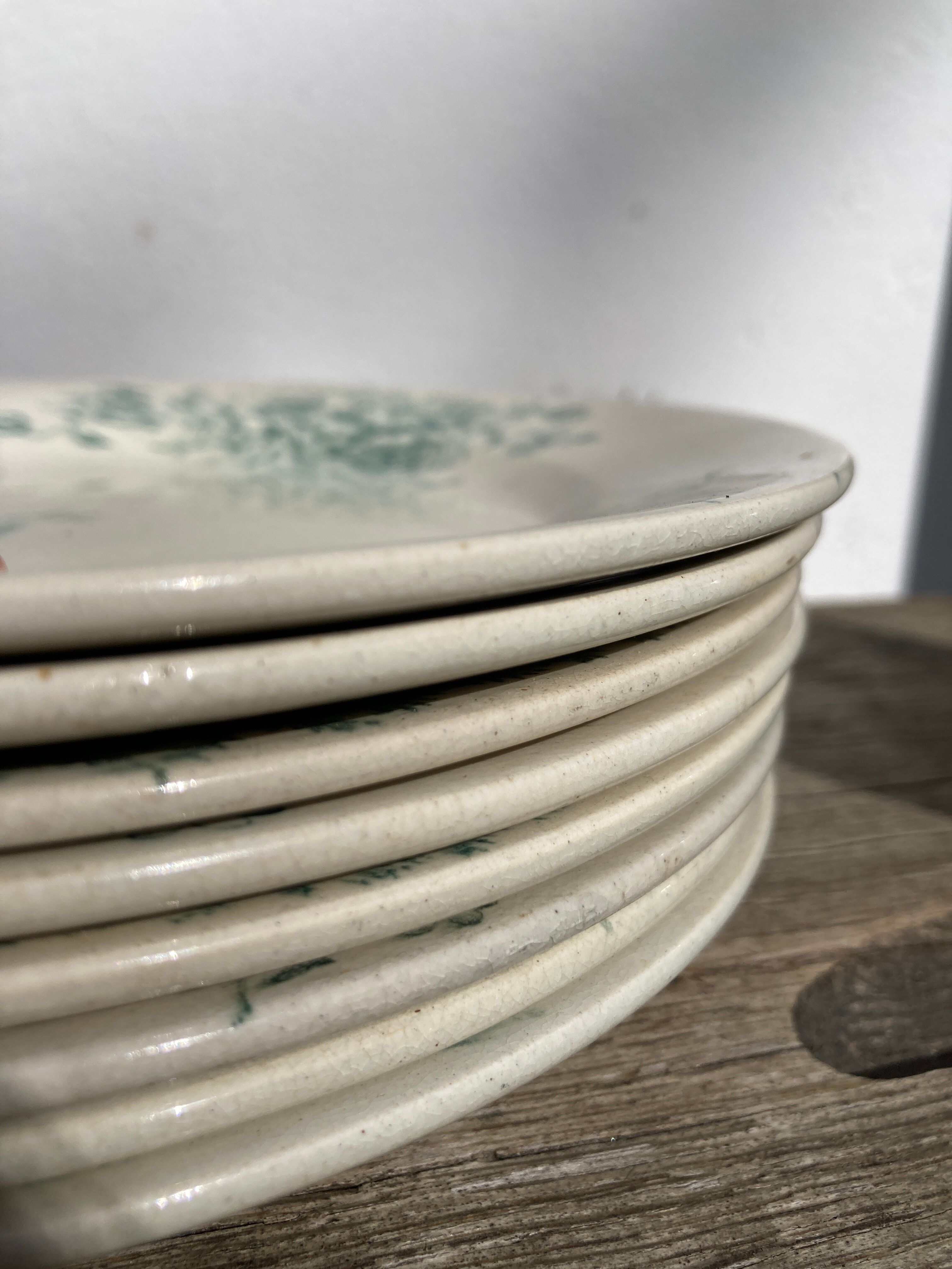 8 Terre de fer plates Anémones Bertrand Bordeaux old in green ceramic decorated with flowers