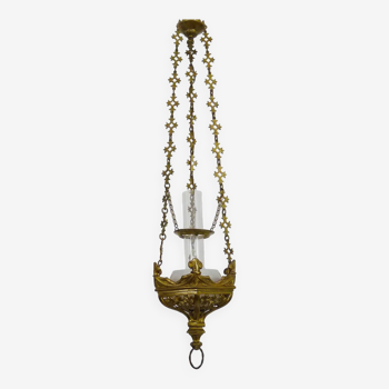 Neo-Gothic church pendant light in bronze and glass. Early 20th century