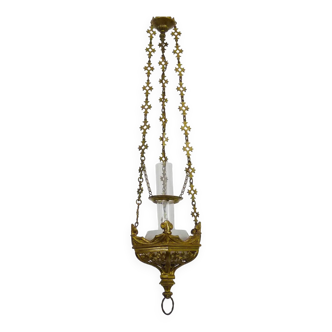 Neo-Gothic church pendant light in bronze and glass. Early 20th century