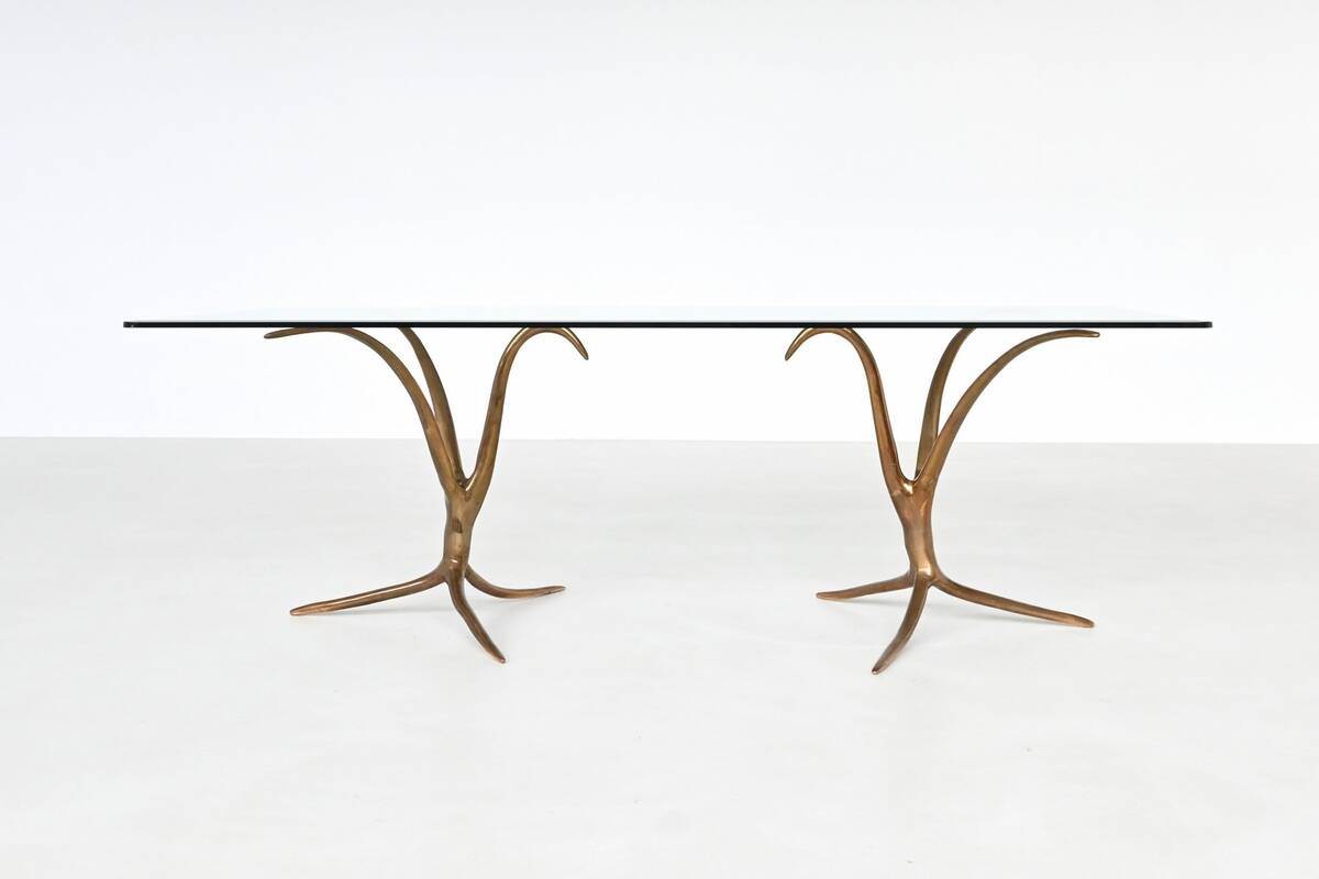 Unique sculptural dining table in bronze and glass, Belgium 1970.