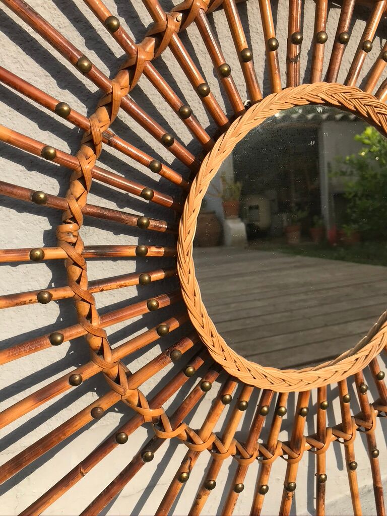 Miroir soleil rotin flammé 79cm