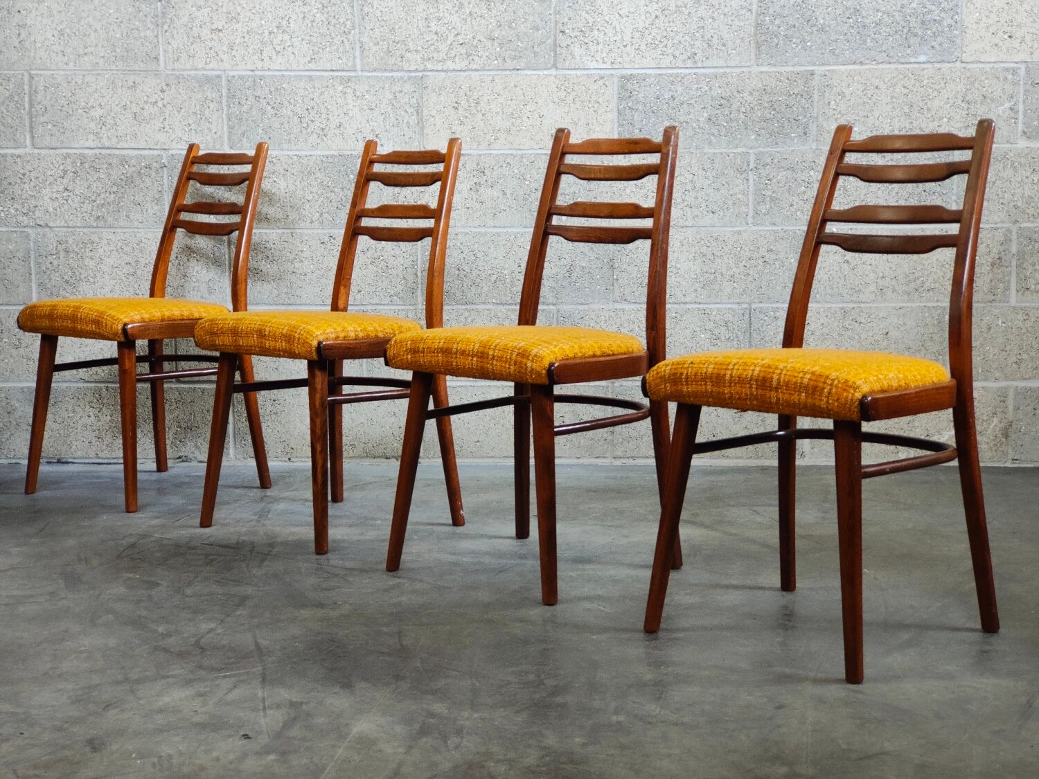 Suite of 4 Czech chairs wood and fabric Yellow "Univerzal" late 60