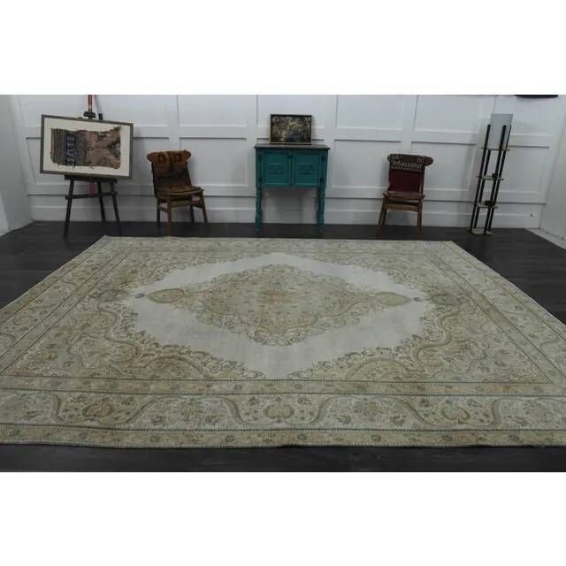 1970s Vintage Persian Handmade Wool Cotton Beige Area Rug 284x374