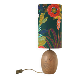 Lampe à poser, pied Bois sculpté Mid-Century,  et Abat-jour Jungle Florale