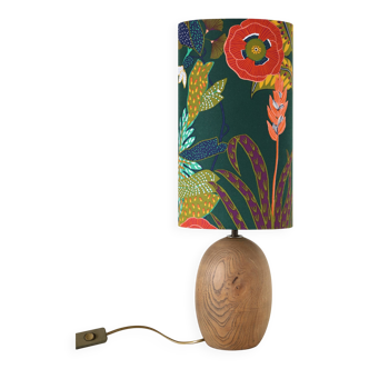 Lampe à poser, pied Bois sculpté Mid-Century,  et Abat-jour Jungle Florale