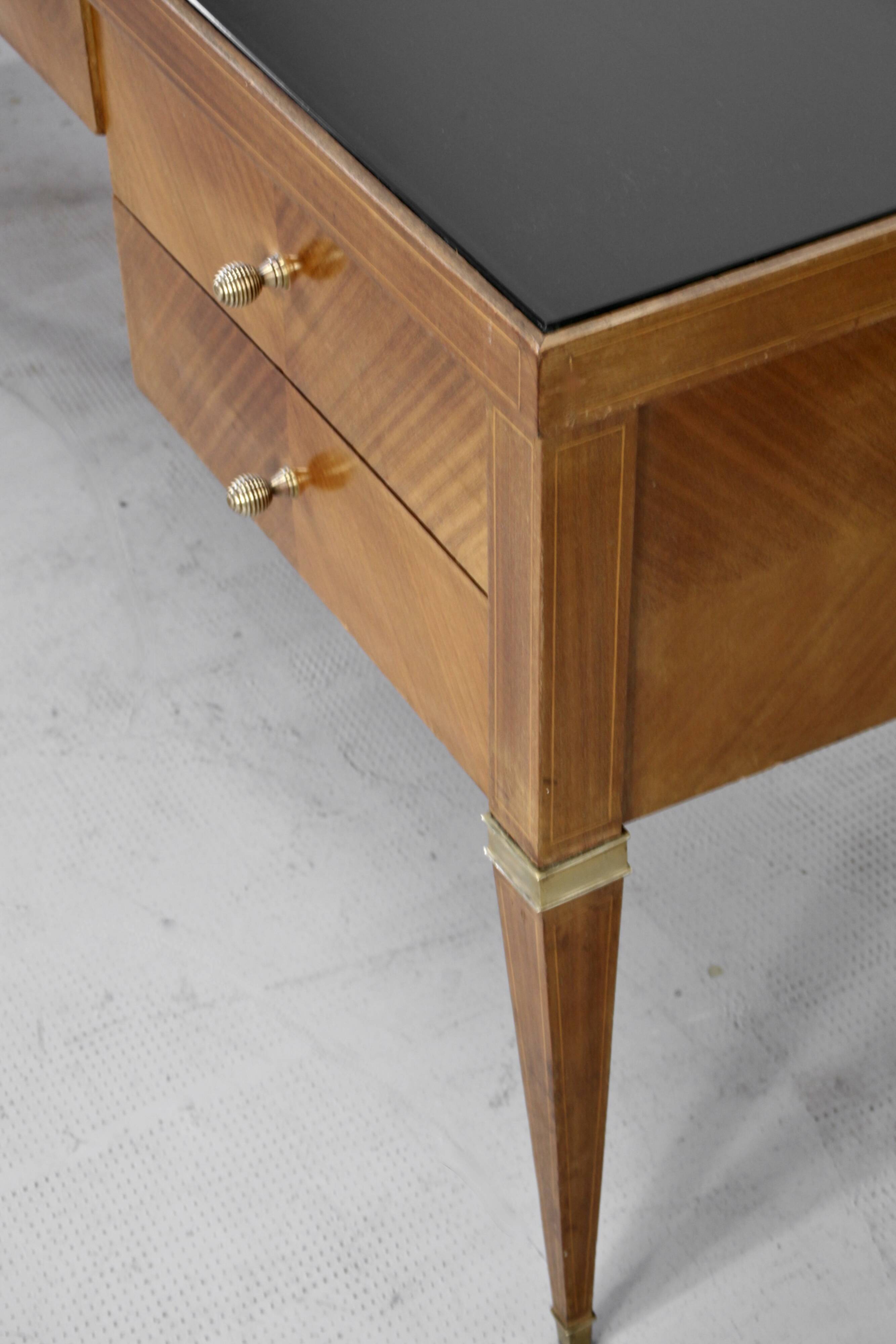 Midcentury Italian Desk In Walnut, Brass And Glass.