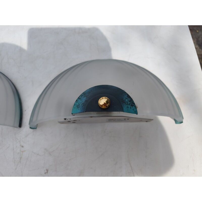 Pair of Art Deco wall lights with opaline glass, copper and brass.