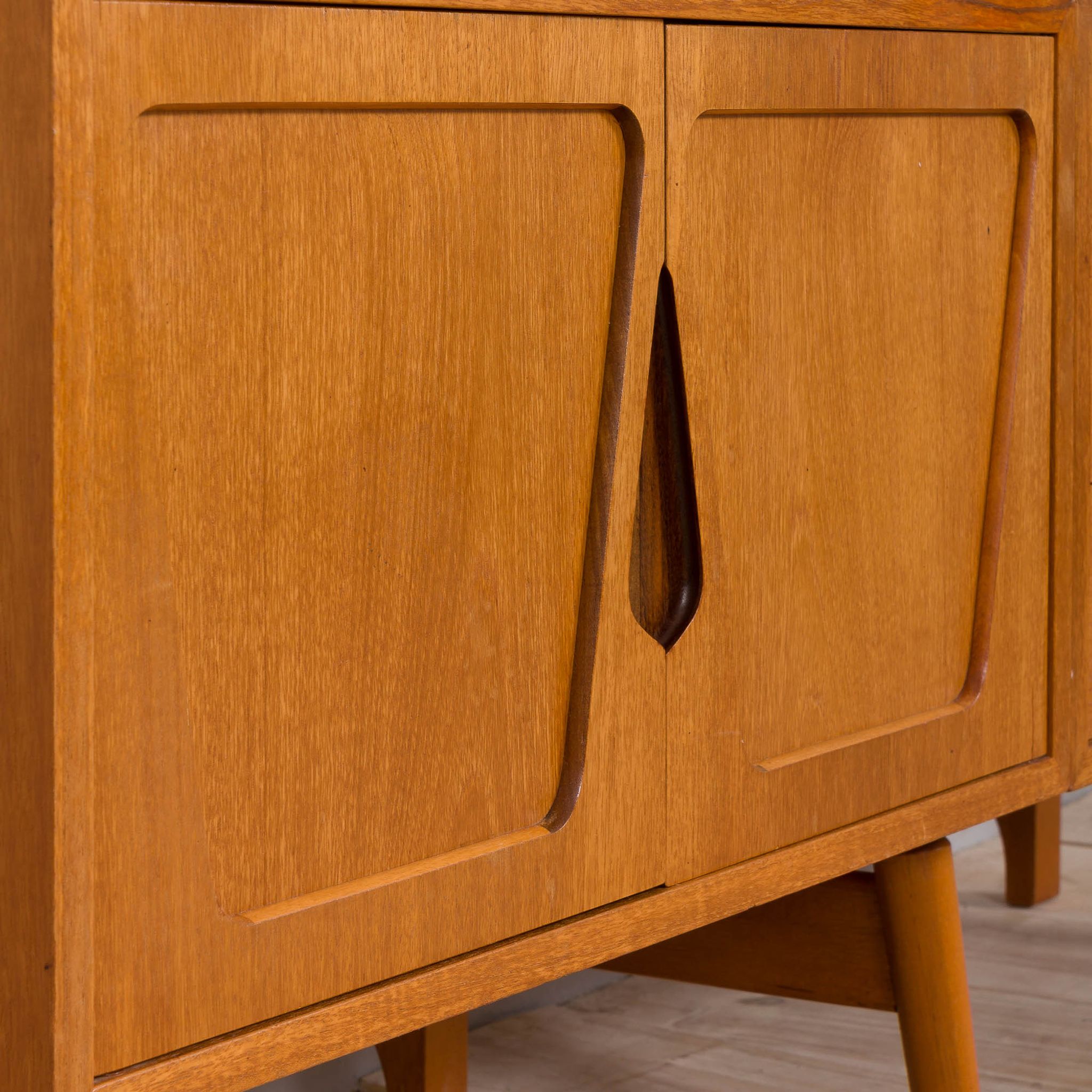 Rival 2 bay free standing teak wall unit with 3 cabinets and 3 shelves by Brodrene Jatogs Norway, Kj