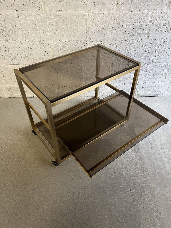 Desserte métal doré et verre fumé années 70