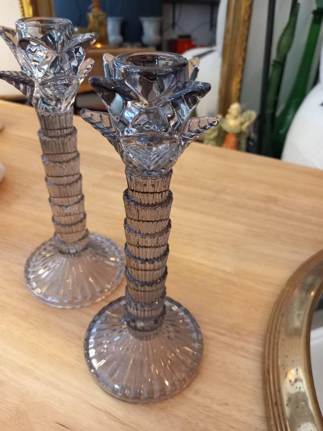 Pair of candlesticks. Blue/gray glass