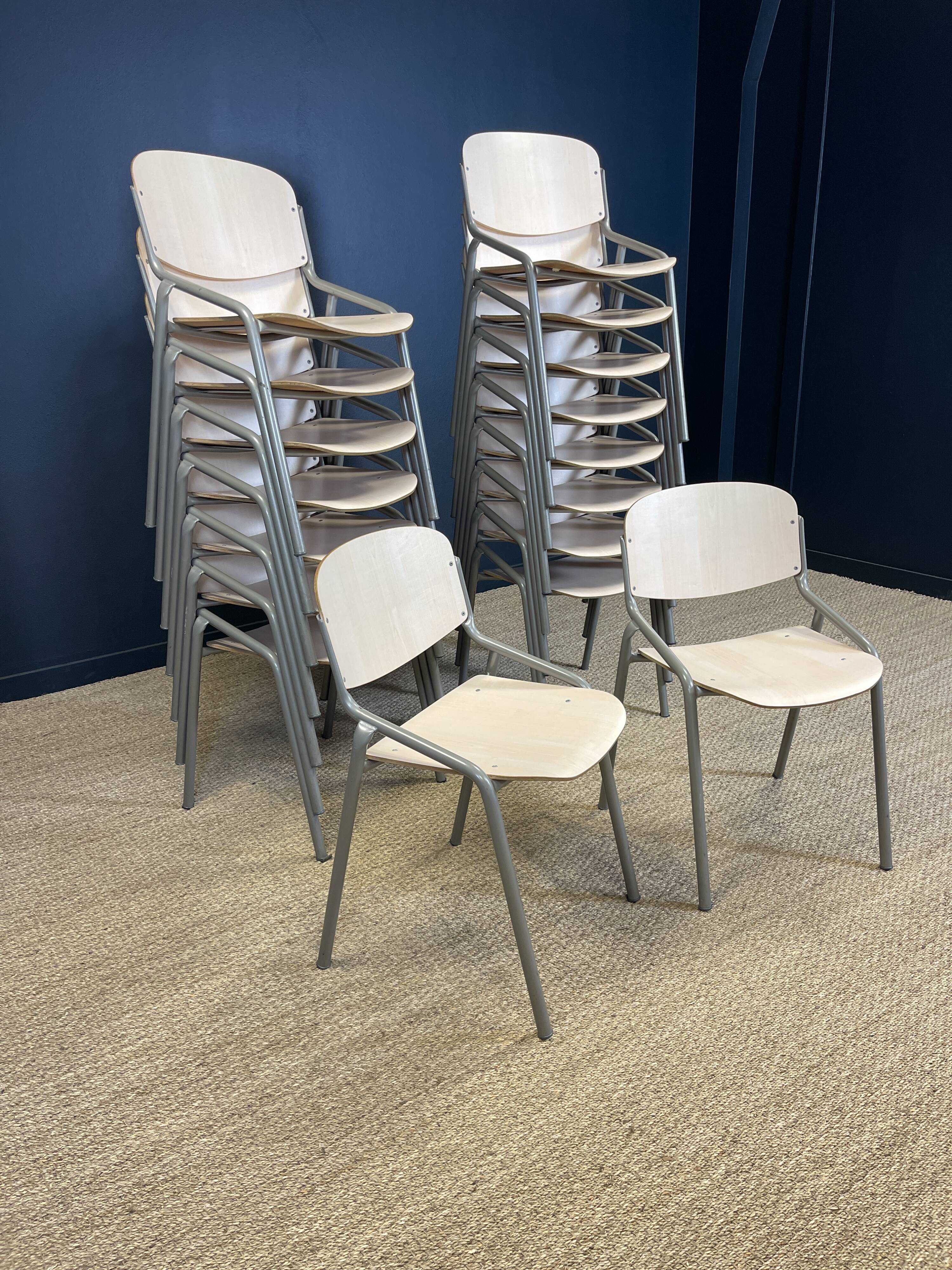 Set of 17 Eromes school chairs light wood gray steel Netherlands 80s