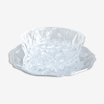 Ravier en cristal taillé sur assiette en metal argenté