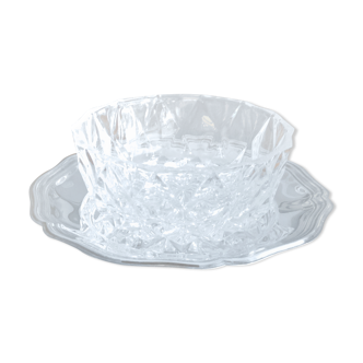 Ravier en cristal taillé sur assiette en metal argenté