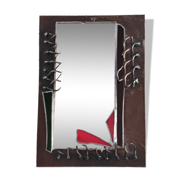 Miroir brutaliste métal et verre serti