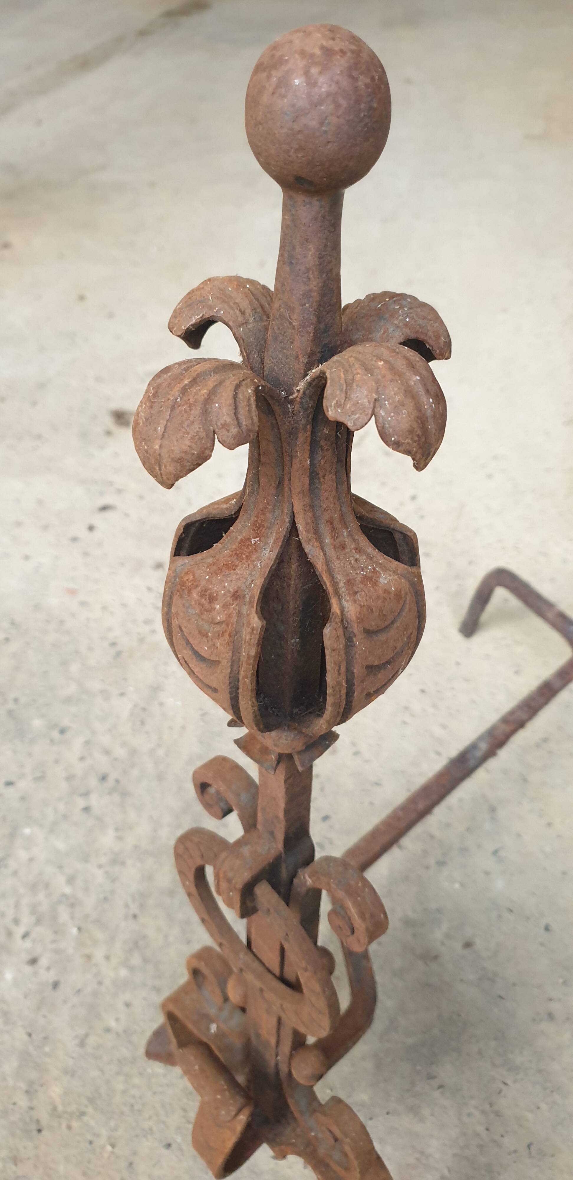 Pair of Wrought Iron Andirons with Refined Ornamentation - 20th Century