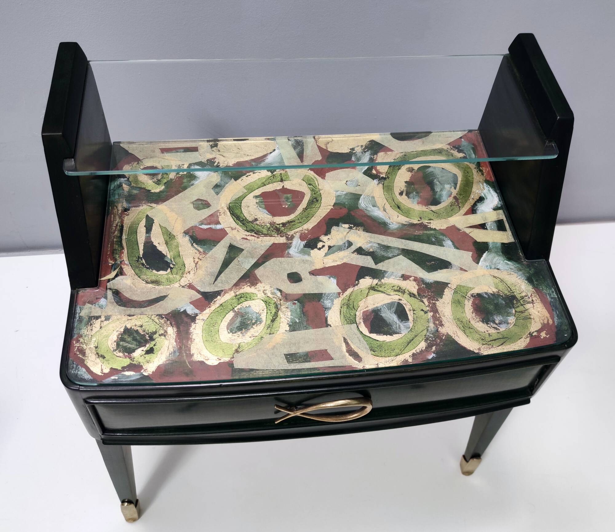Pair of Dark Green Wooden Nightstands in 1950s Style with a Decorated Top,