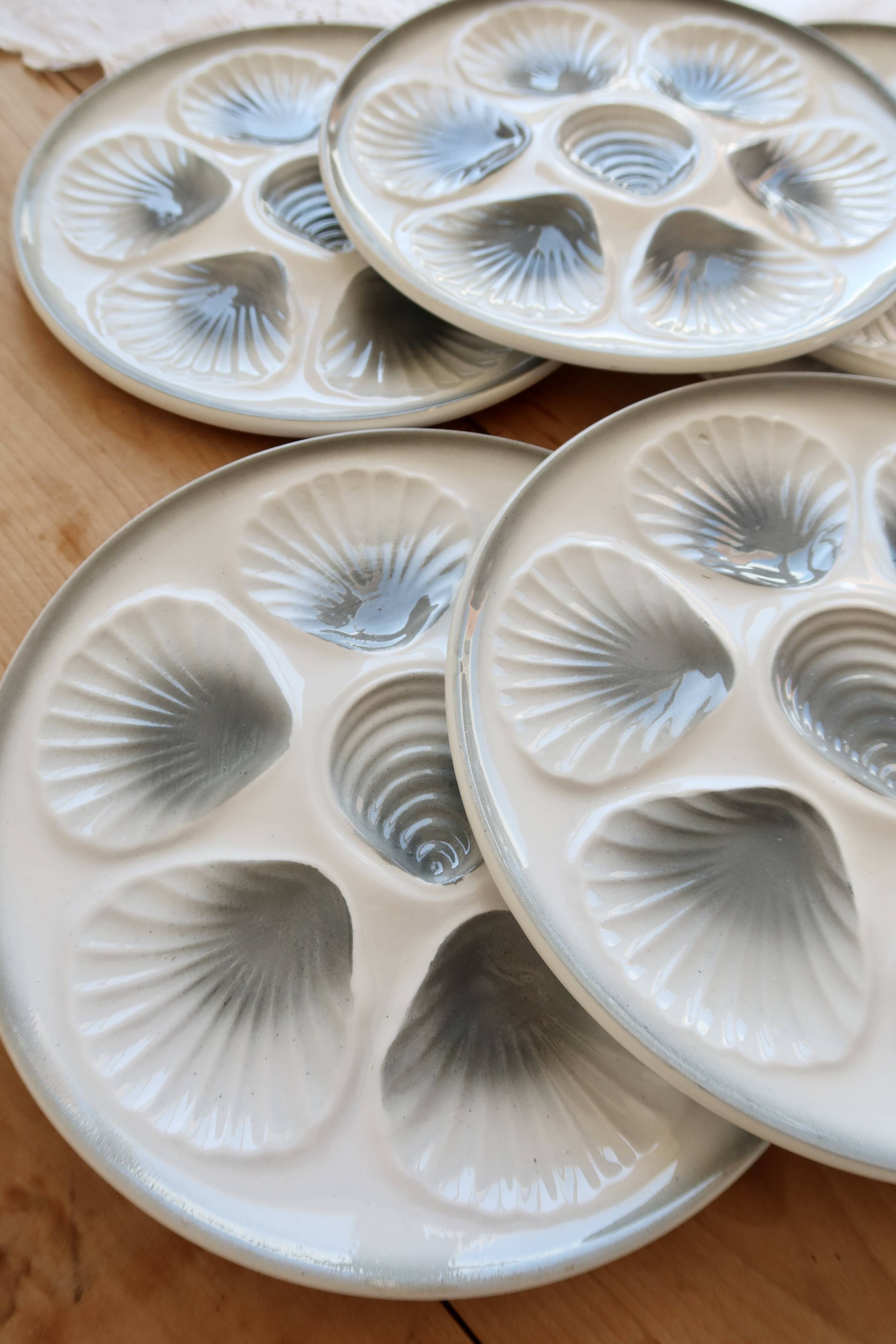 6 assiettes à huîtres vintage Moulin des Loups faïence dégradé bleu gris