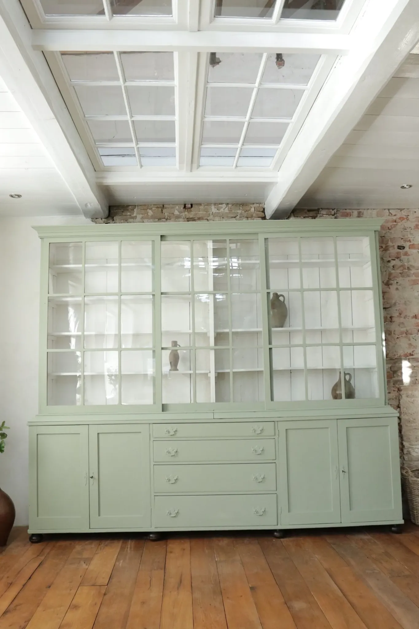 Large green display cabinet with sliding doors – two-part buffet, 219 cm