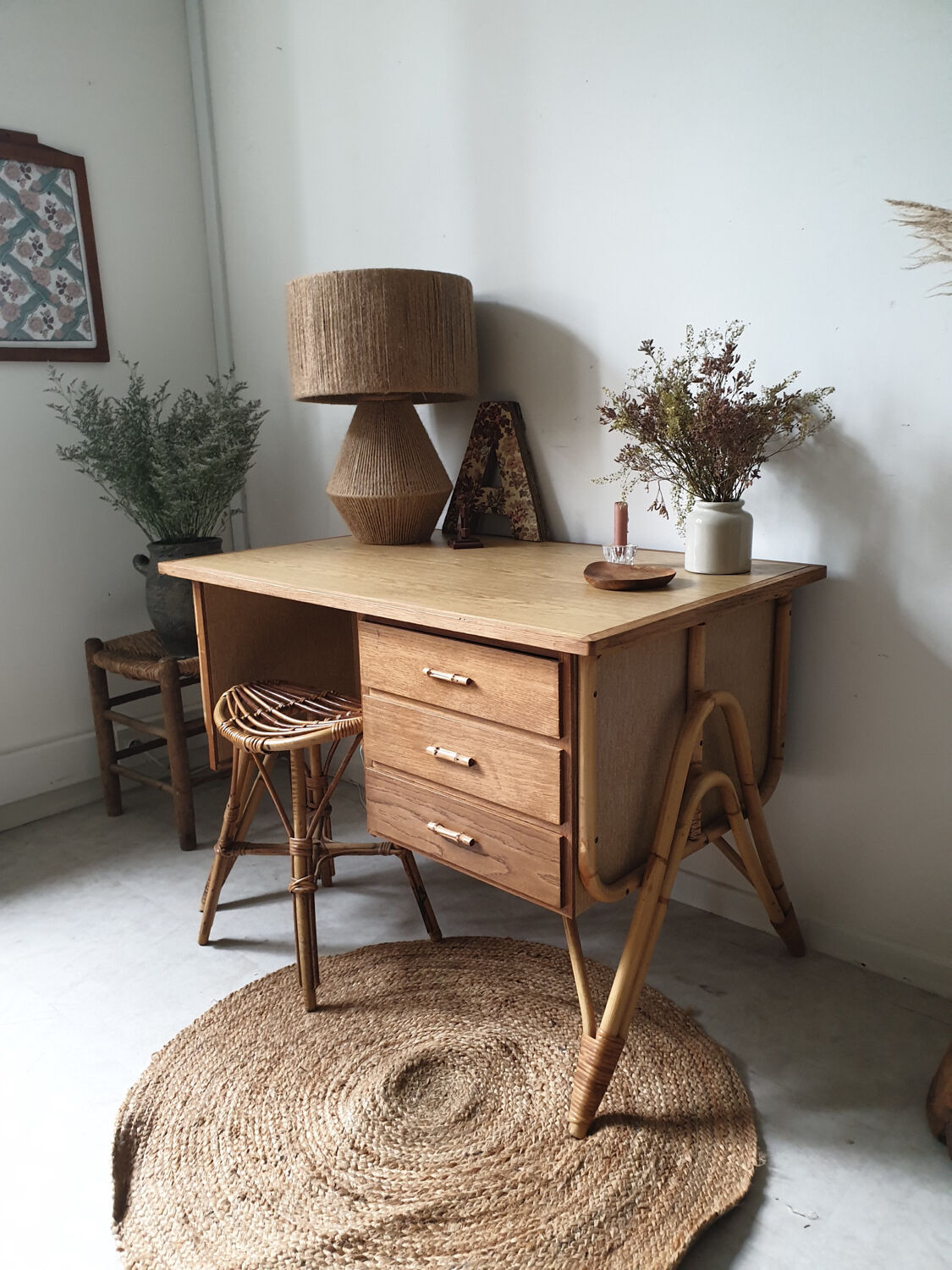 60's double-sided rattan desk
