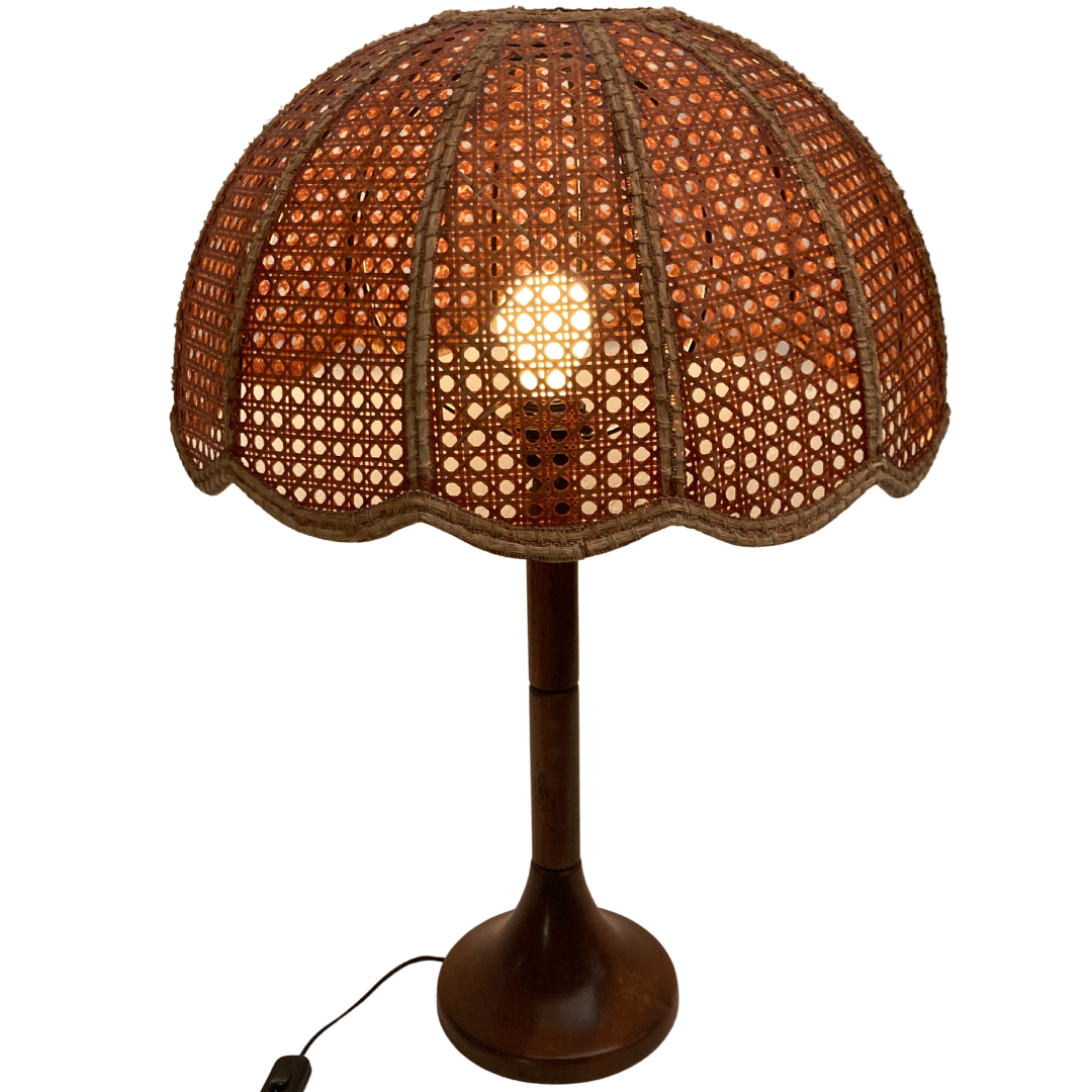 Lampe de table d’abat-jour de champignon en fausse toile de bambou, années 1960