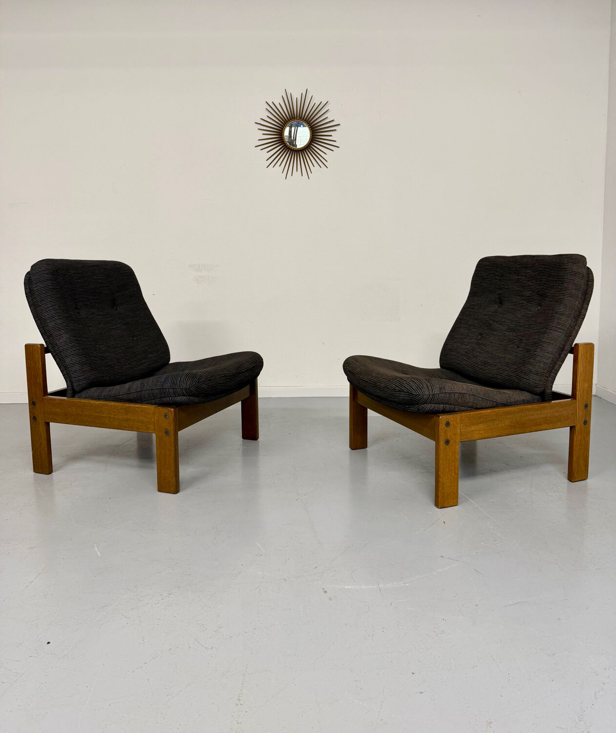 Lot of 2 adjustable wooden fabric chairs, Scandinavian design, vintage 1970s.