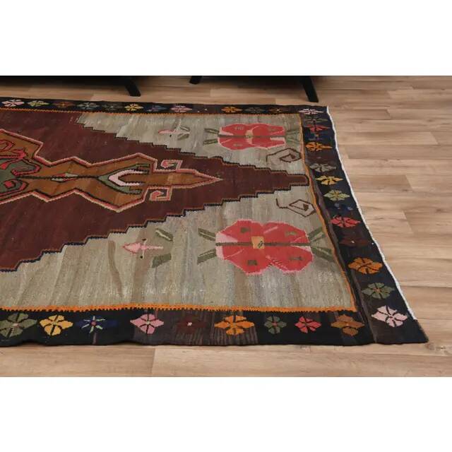 1970s Vintage Turkish Oushak Handmade Wool Cotton Brown Runner Rug  206x387