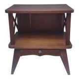 vintage wooden bedside table with crossbars and tapered legs