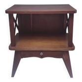 vintage wooden bedside table with crossbars and tapered legs
