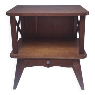 vintage wooden bedside table with crossbars and tapered legs