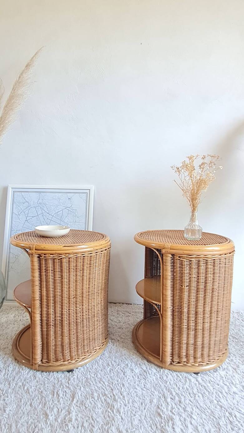 Pair of wicker bedside tables circa the 1970s.