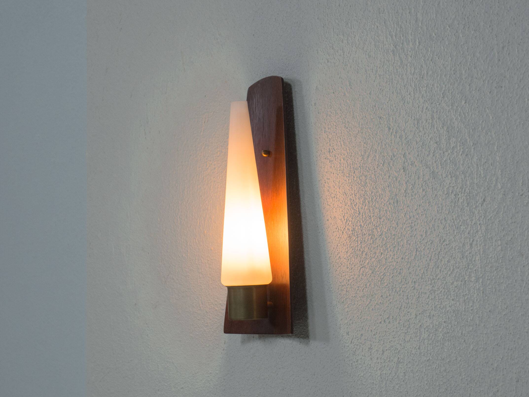 Vintage Danish teak, brass and opaline glass wall lamp