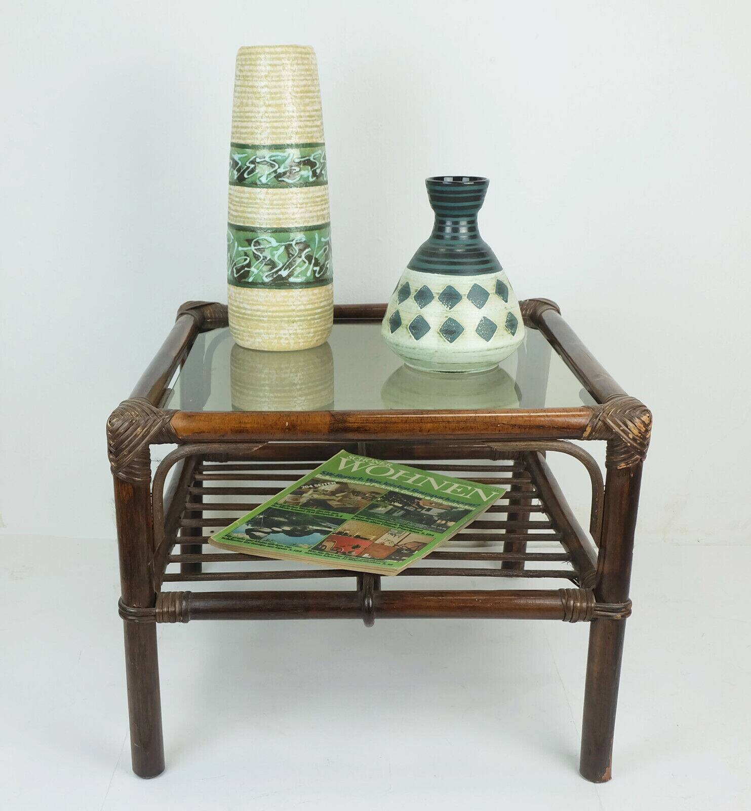 1970s mid century SIDE TABLE coffee table bamboo wicker glass